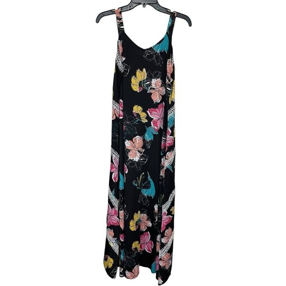 Black Floral Maxi Dress‎ Hi-Lo Hem Sz Med Beach Vacation Y2K babydoll Romantic - Picture 3 of 8